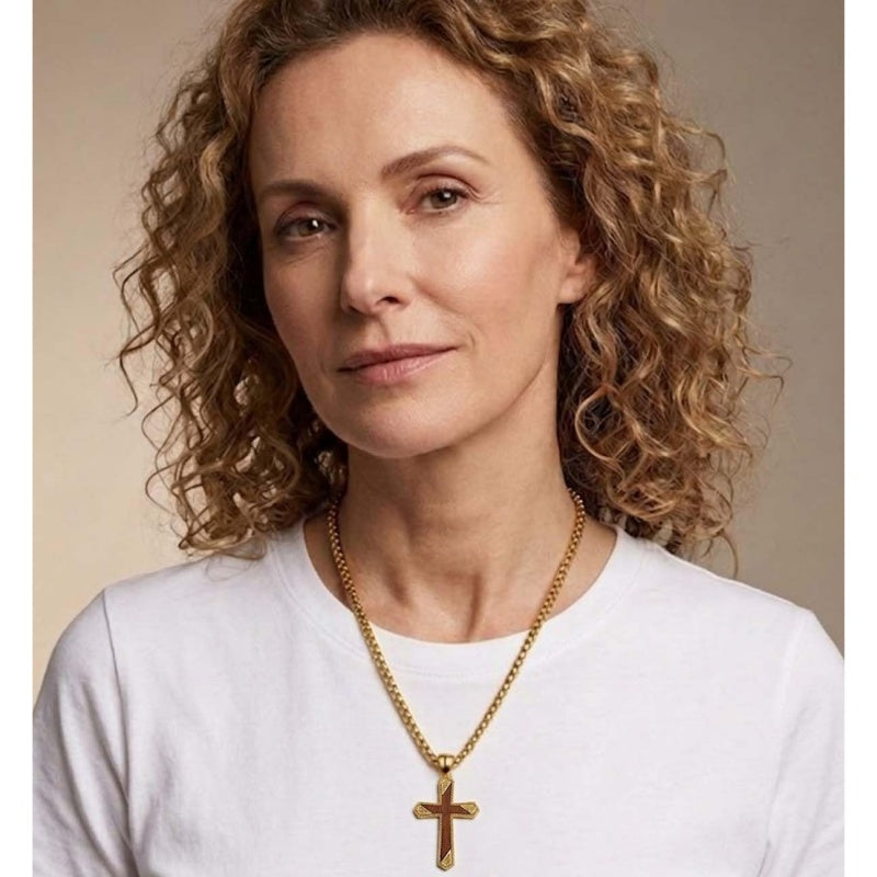 14K Gold Plated Wooden Cross Pendant Necklace Christian Catholic Jewelry Religious Gift
