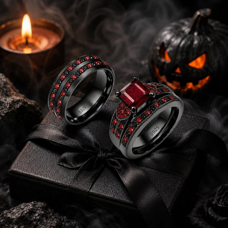 Sterling Silver 10K 14K 18K Gold Personalized Engraved  Halloween Dark Red Gemstone Couple Ring Set