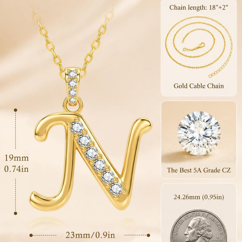 Cubic Zircon 14K Gold Plated Initial Letter A-Z Pendant Necklace