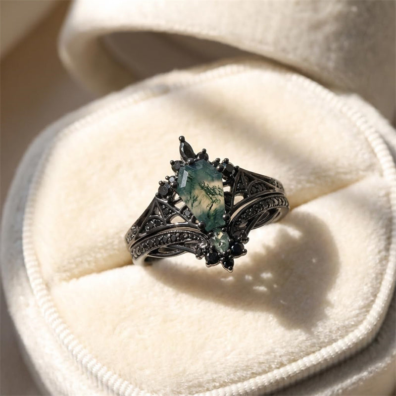 Sterling Silver 10K 14K  18K Gold Personalized Engraved Moss Agate Gothic Promise Wedding Engagement Black Ring Set