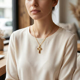 Wood 14K Gold Plated Cross Pendant Necklace