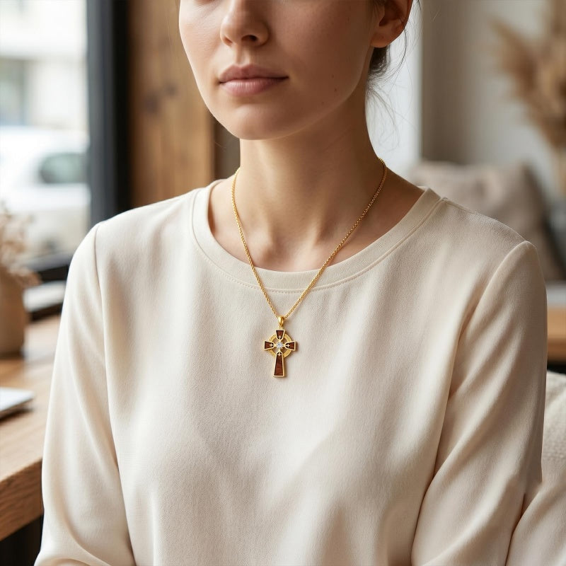 Wood 14K Gold Plated Cross Pendant Necklace