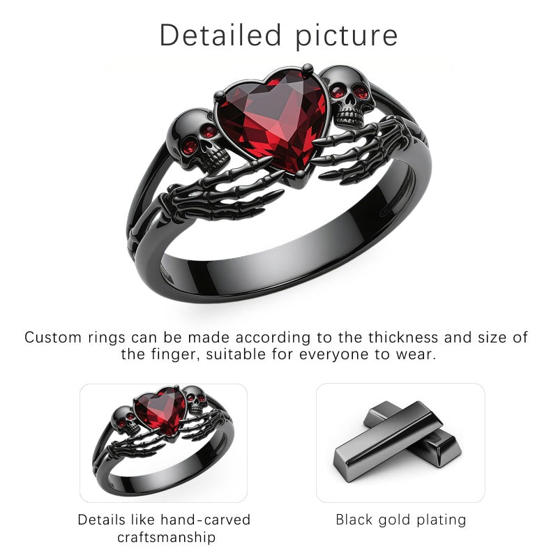 Sterling Silver 10K 14K 18K Gold 2-5CT Heart  Birthstone  Gothic Skeleton Halloween Skull Bat Ring