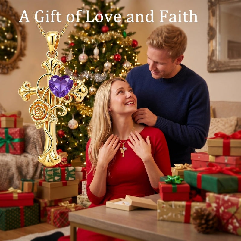 14K Gold Plated Heart Shape Birthstone Rose Flower Cross Necklace for Women  Religious Christian Jewelry