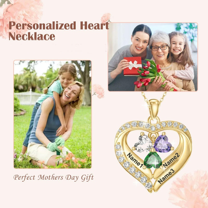 14K Gold Plated Personalized 1-5 Heart Birthstone Names Necklace  for Women