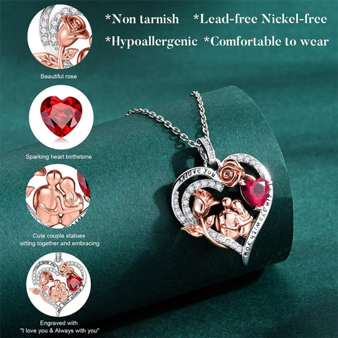 Sterling Silver Heart Birthstone Couple Hugging Necklace for Women Valentine's Day Gift