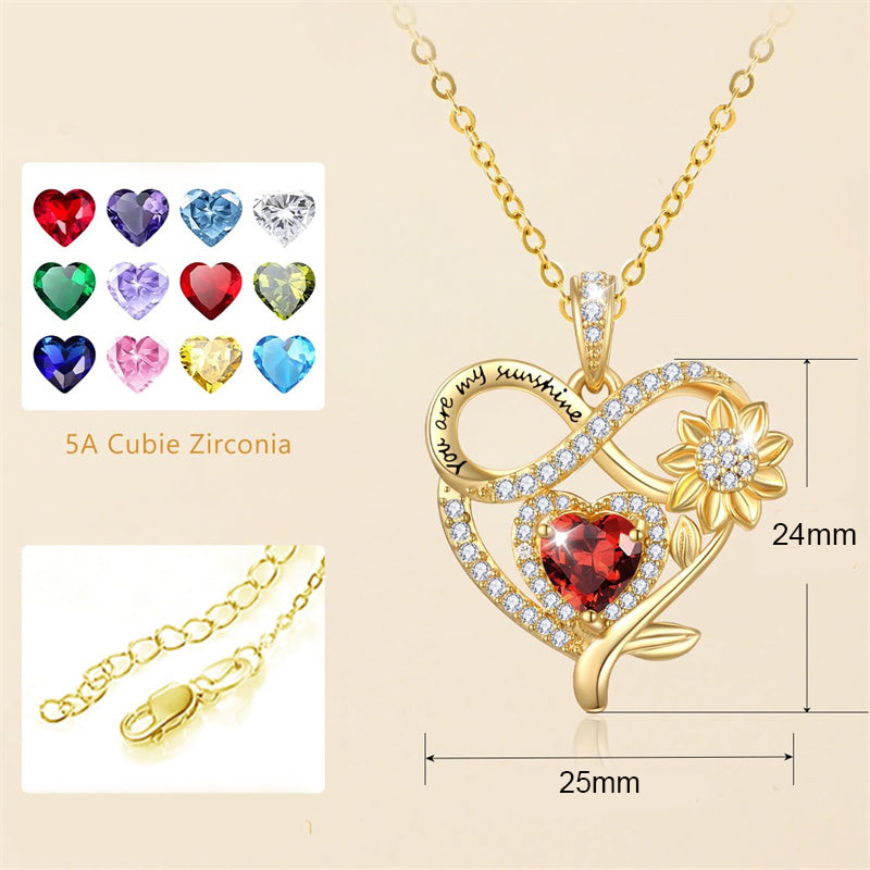 10K 14K 18K Yellow Gold  Birthstone Sunflower Pendant Necklace Engraved with You Are My Sunshine
