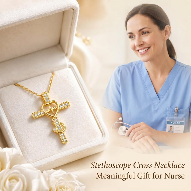 14K Gold Plated Stethoscope Cross Necklace Jewelry Christmas Graduation Nurses Week Gift