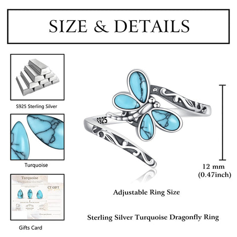 Sterling Silver Dragonfly Ring Butterfly Ring Hummingbird Spoon Ring Oxidized Animal Adjustable Ring for Women