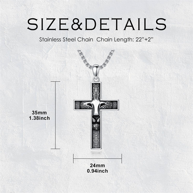 Sterling Silver Wooden Lion Orthodox Sword Wolf Cross Pendant Necklace