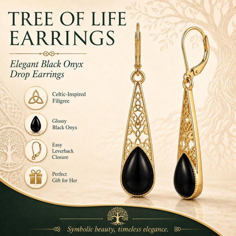 14K Gold Plated Black Onyx Tree of Life  Leverback Earrings Christmas Birthday Gift