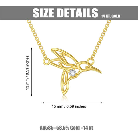 14K Yellow Gold Cubic Zirconia Hummingbird  Pendant Necklace