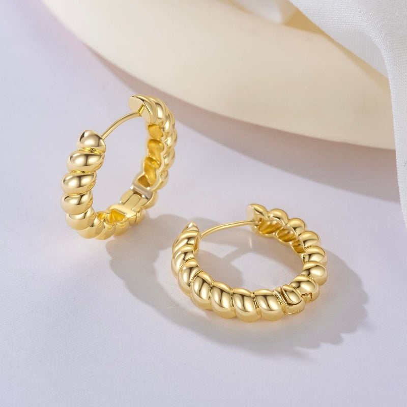 14K Gold Plated Twisted Rope Design Hoop Earrings for Women
