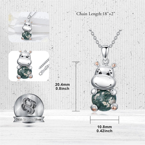 Sterling Silver Moss Agate Hippo Koala Elephant Teddy Bear Pendant Necklace