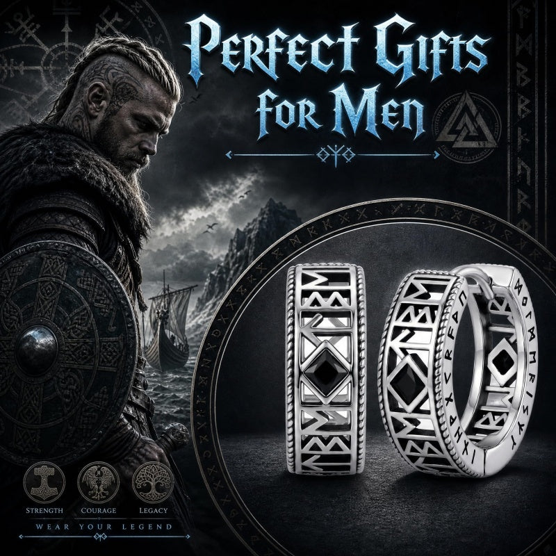14K Gold Plated  Cubic Zircon Norse Viking Runes Hoop Earrings Viking Jewelry Gift for Men