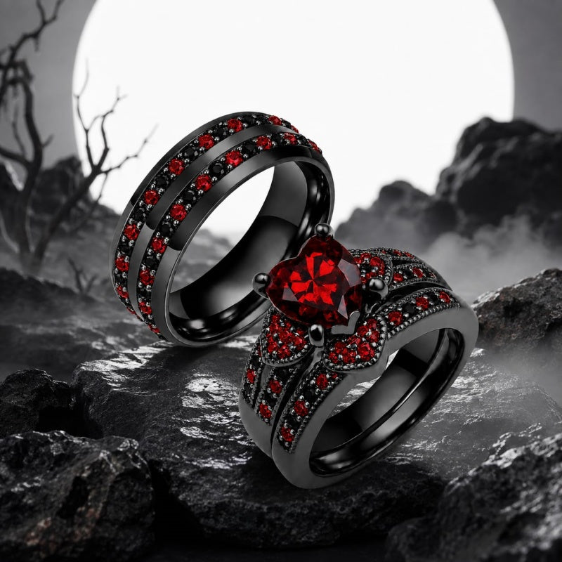 Sterling Silver 10K 14K 18K Gold Personalized Engraved  Halloween Dark Red Gemstone Couple Ring Set