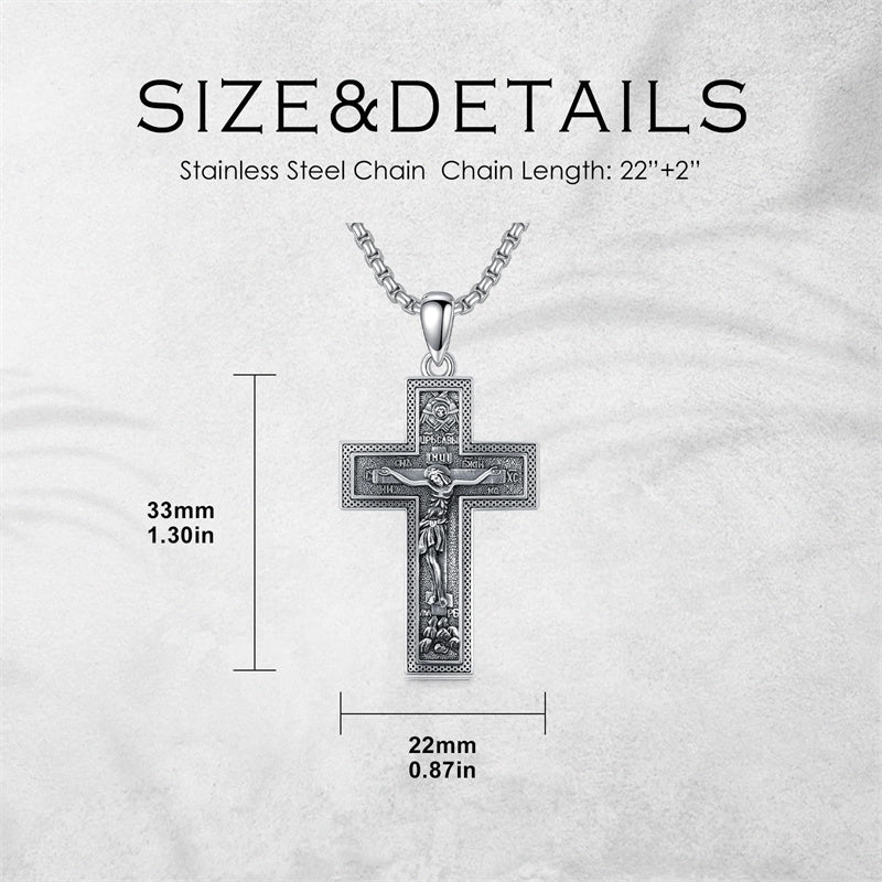 Sterling Silver Wooden Lion Orthodox Sword Wolf Cross Pendant Necklace