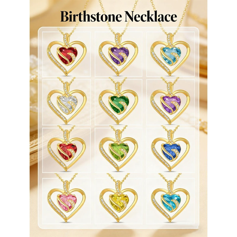 14K Gold Plated  12 Months Heart Birthstone Pendant Necklace Birthday Wedding Anniversary Jewelry Gifts for Women