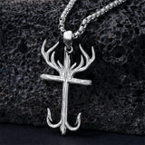 Sterling Silver Cross&Deer Antler Fish Hook Pendant Necklace for Men