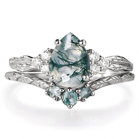 Sterling Silver 2CT Moss Agate  Engagement Wedding Ring Sets for Women