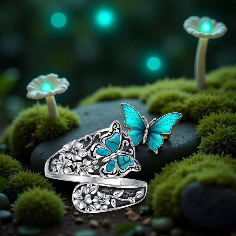 Sterling SilverMustard Seed Turtle Ocean Butterfly Dragonfly Turquoise Adjustable  Spoon Ring Spoon Jewelry for Women
