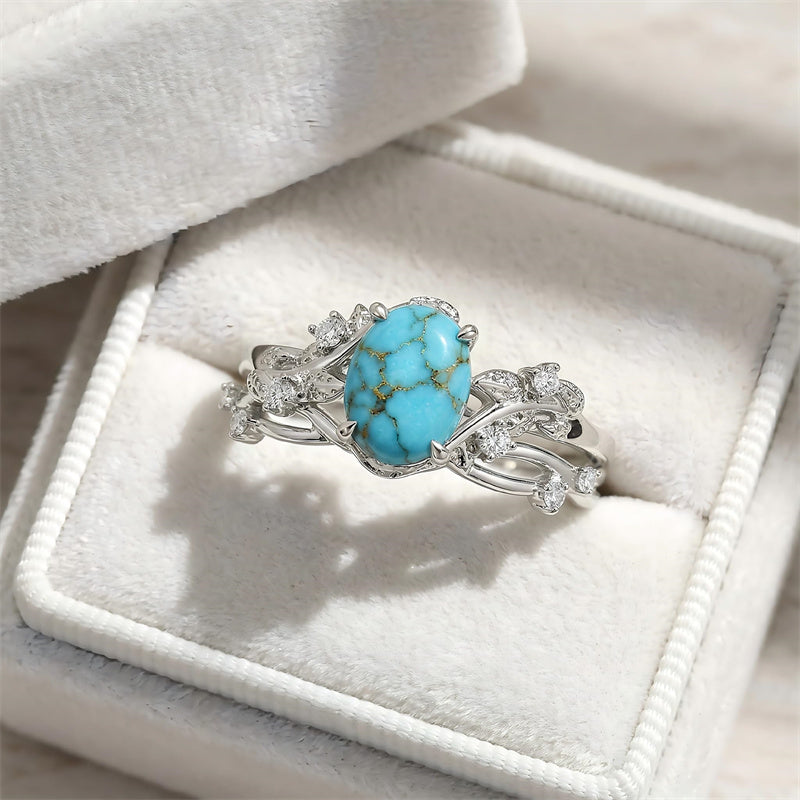 Sterling Silver Personalized Engraved 1-3CT Turquoise Engagement  Wedding Promise Ring Set for Her