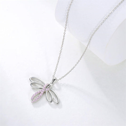 Sterling Silver Breast Cancer Awareness Cross Butterfly Dragonfly Pendant Necklace