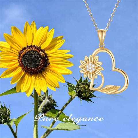 14K Gold Sunflower Heart Pendant Necklace