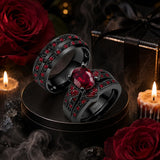 Sterling Silver 10K 14K 18K Gold Personalized Engraved  Halloween Dark Red Gemstone Couple Ring Set