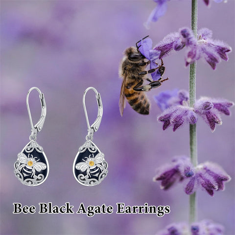 Sterling Silver Filigree Black Onyx  Bee Hummingbird Leverback Earrings