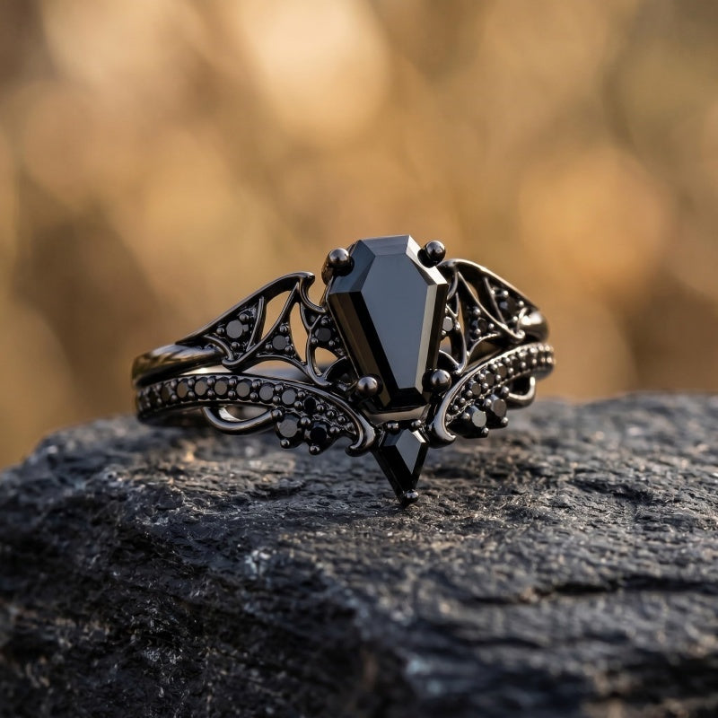 Sterling Silver 10K  14K  18K Gold 1CT-4CT Black Onyx Engagement Ring Gothic Wedding Promise Ring