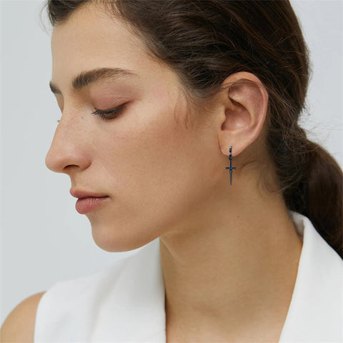 Sterling Silver Black Sword Cross Hoop Earrings Gift for Men Women