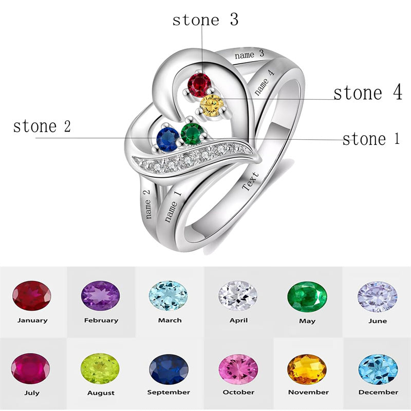 10K 14K 18K Gold Personalized 1-6 Stones Engraved Heart Mother Ring for Mother's Day
