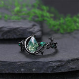 Sterling Silver 10K 14K 18K Gold Natural Leaf  Moss Agate Engagement Anniversary Couple Ring Sets