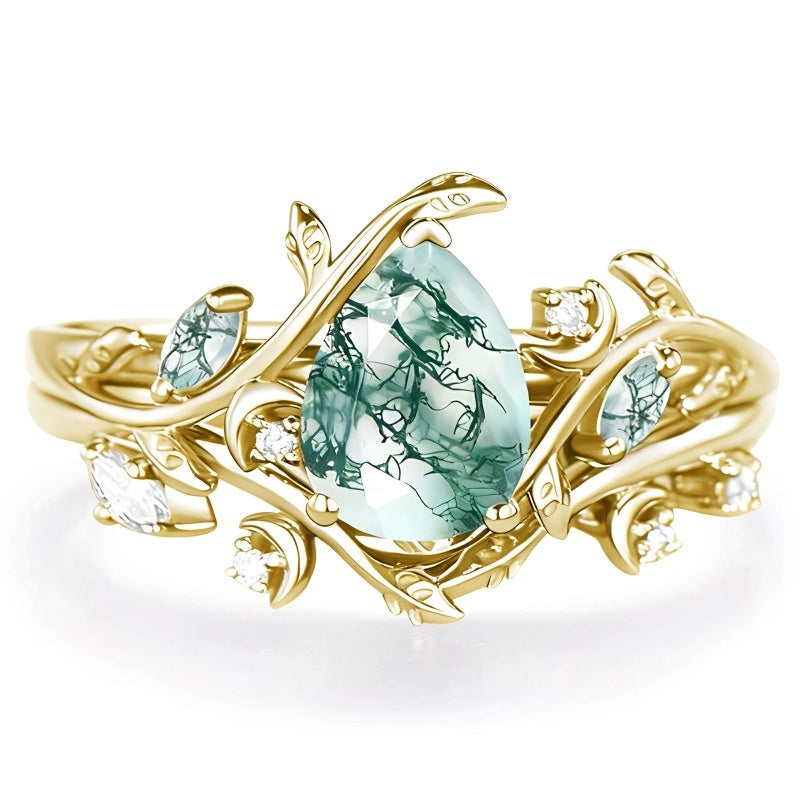 Sterling Silver 2CT Moss Agate  Engagement Wedding Ring Sets for Women