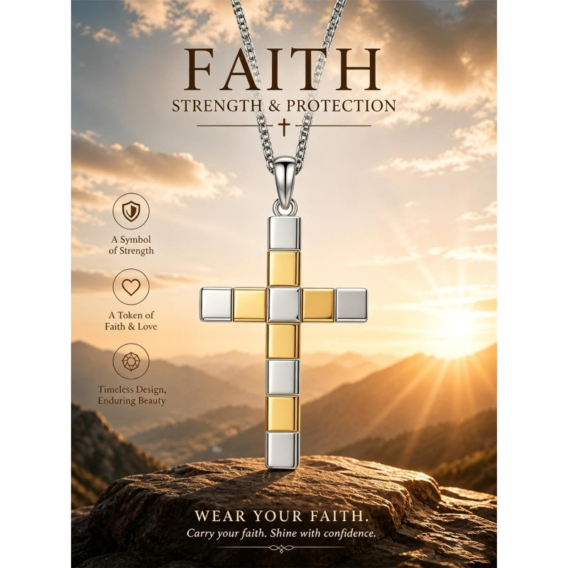 14K Gold Plated Two Tone Cross Pendant Necklace Christian Jewelry Religious Gift