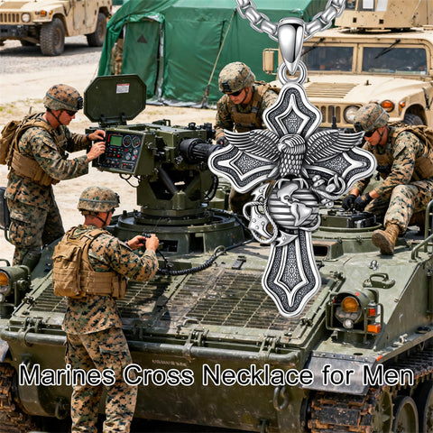Sterling Silver Marines Cross Pendant Necklace for Men