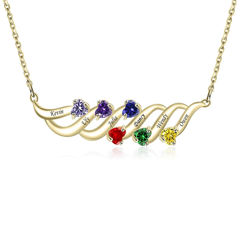 Sterling Silver Personalized Birthstone Name Wave Pendant Family Necklace
