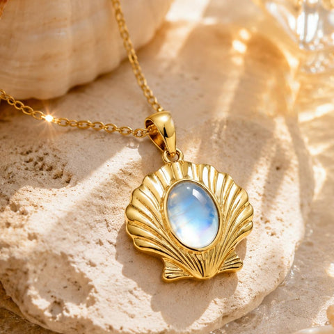 14K Gold Plated Moonstone Octopus Sea Turtle Conch Shell Starfish Seashell Ocean Necklace for Women