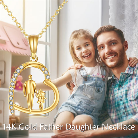 10K 14K 18K Gold Father Daughter Heart Pendant Necklace