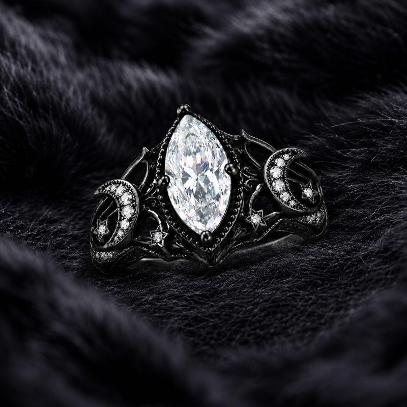 Sterling Silver 10K 14K 18K Gold Moissanite Gothic Black  Engagement Wedding Ring  for Women
