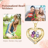 14K Gold Plated Personalized 1-5 Heart Birthstone Names Necklace  for Women