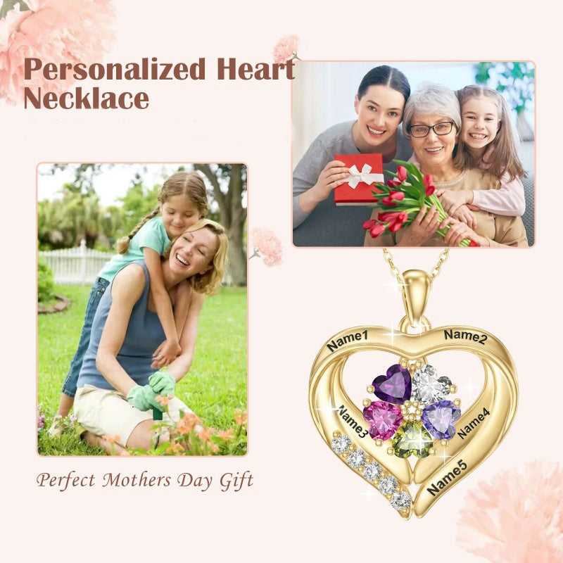 14K Gold Plated Personalized 1-5 Heart Birthstone Names Necklace  for Women