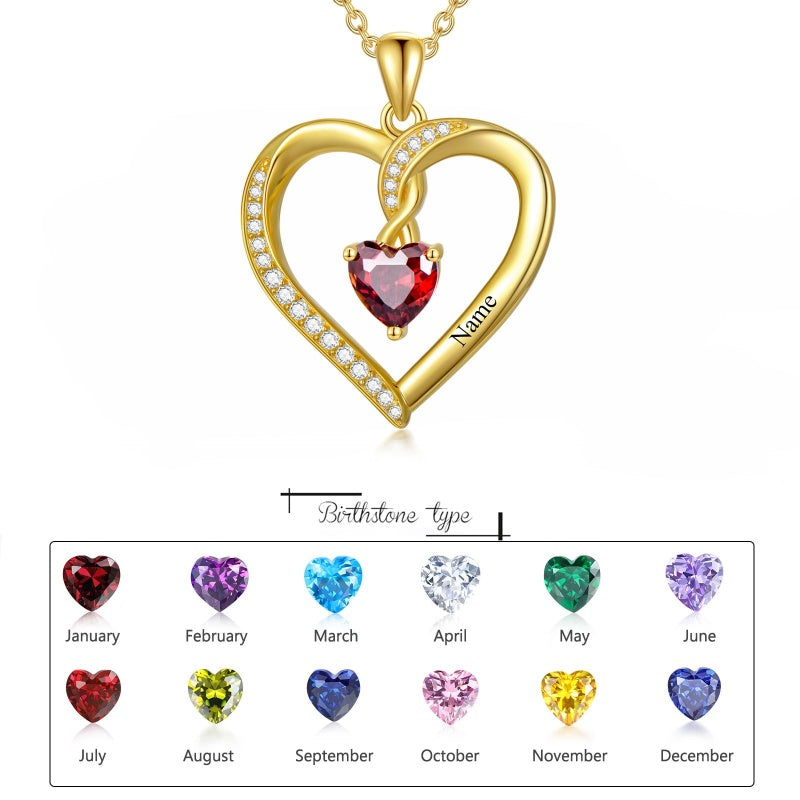 10K 14K 18K Solid Gold Personalized Engraved 1-4 Birthstone Heart Necklaces for Women