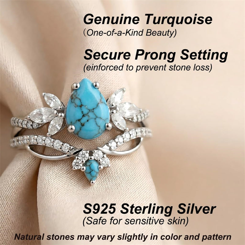 Sterling Silver Personalized Engraved 1-3CT Turquoise Engagement  Wedding Promise Ring Set for Her