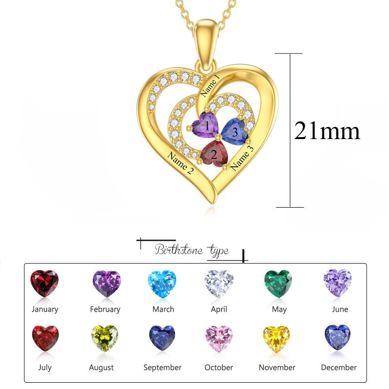 10K 14K 18K Solid Gold Personalized Engraved 1-4 Birthstone Heart Necklaces for Women