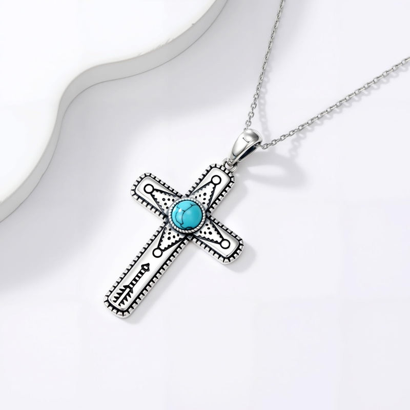 14K Gold Plated Turquoise Cross Pendant Necklace Western Jewelry for Women