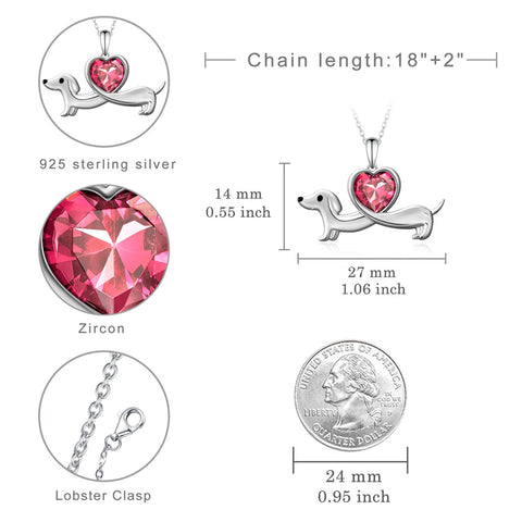 Sterling Silver Heart Birthstone  Dachshund Pendant Necklace