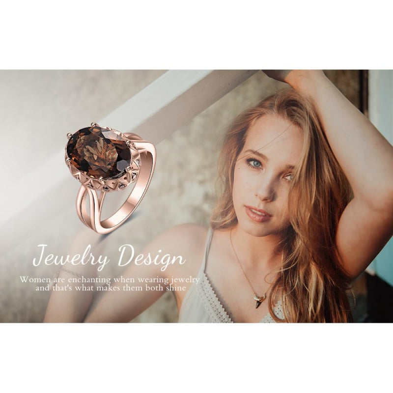 14K Gold Plated  Oval Shape 3.7CT Genuine Smoky Quartz Cocktail Rings for Her