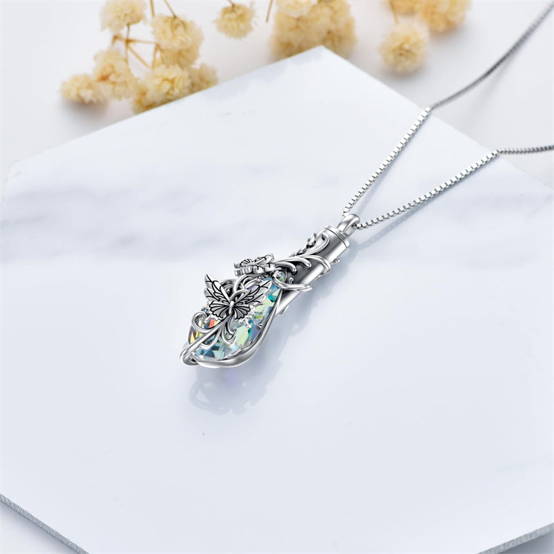 Sterling Silver Teardrop Crystal Butterfly Dragonfly Fox Hummingbird Phoenix Tree of Life Urn Necklaces for Ashes